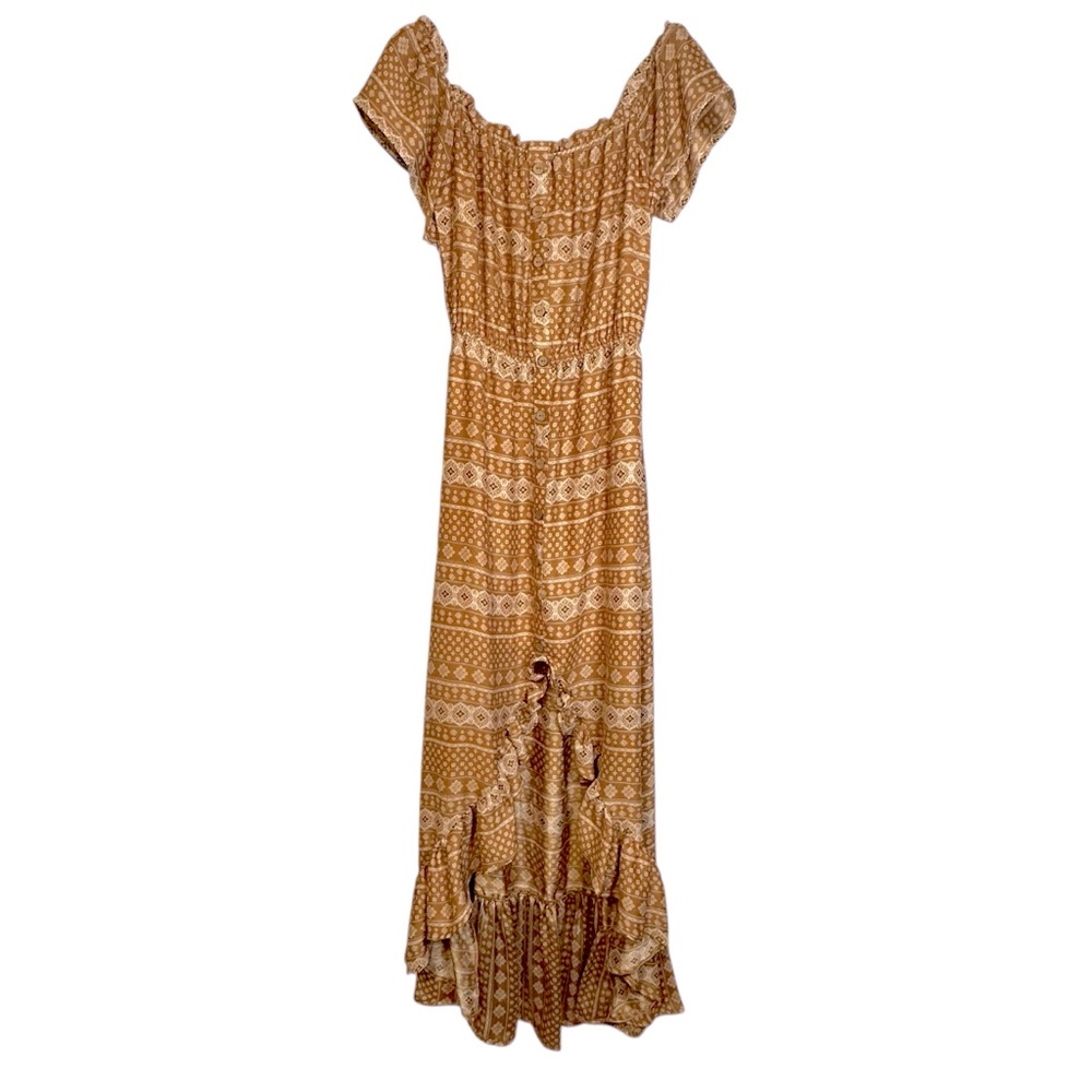 Dress Forum Bohemian Ruffle High-Low Maxi Dress Mustard/Burnt Orange Cream Small